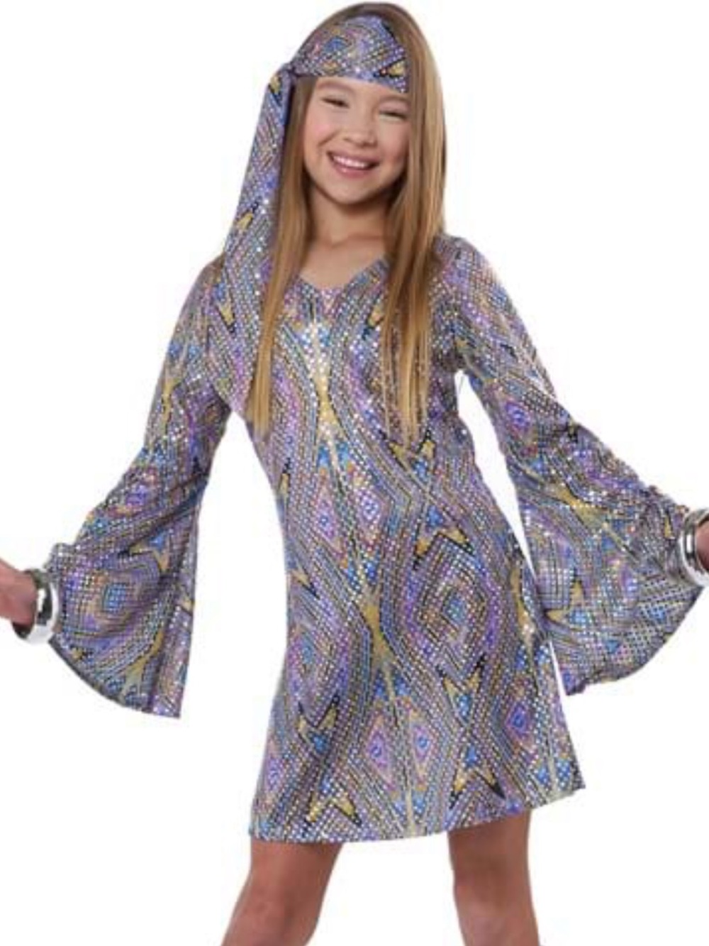 Girls' Purple Psychedelic Disco Hippie Bell-Sleeve Costume Dress ONLY